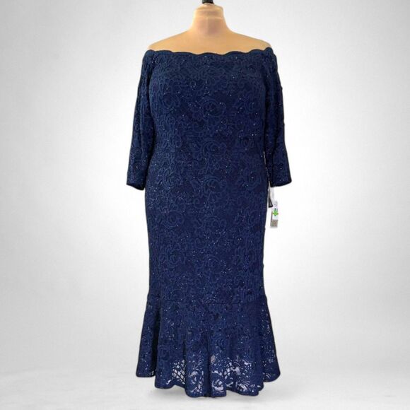 ALEX EVENINGS Scallop Detail Lace Navy Curvy Dress, NEW! Size 20W - Picture 2 of 9
